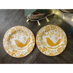 Pier 1 Imports Stoneware Yellow Bird & Floral 8 1/4" Round Salad Plate Lot Of 2